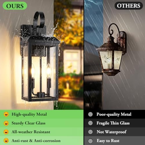BesLowe 17.7" Large Outdoor Wall Lights, 2-Light Black Exterior Sconces - Image 3