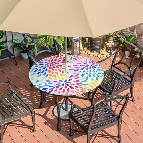 Colorful Fitted Round Tablecloth with Umbrella Hole and Zipper Spring or Summer Floral Outdoor Elastic Table Cloth 36"-44" Oil-Proof Waterproof Patio Table Cover for Picnic Party - Image 7