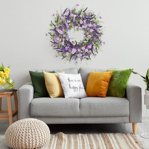 Sggvecsy Purple Daisy Wreath 24 Inch Spring Summer Wreath with Fake Silk Floral Green Eucalyptus Leaves and Lavender for Front Door Window Wall Wedding Farmhouse Festival Decor - Image 5