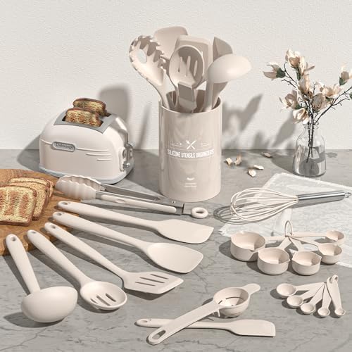 Umite Chef 22-Piece Silicone Cooking Utensils Set，Heat Resistant & Dishwasher Safe Kitchen Tools, Black Non-Scratch Spatula Set for Nonstick Cookware (Khaki) - Image 2