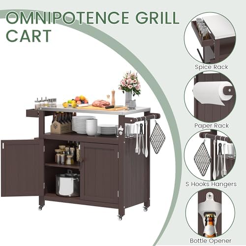 Weatherproof HIPS Outdoor Kitchen Island with Stainless Steel Top & Storage Cabinet, Movable Prep Table with Wheels for BBQ Food Prep, Outdoor Grill Cart for Parties, Brown - Image 2