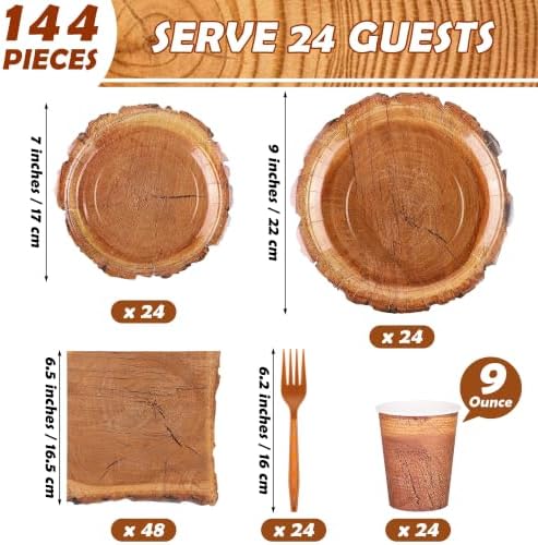 Kochorie 144 Pieces Camping Wood Grain Slice Tableware Sets Rustic Wood Party Decorations Paper Plates Napkins Cups Forks Serves 24 for Forest Themed Party Decorations Hunting Birthday Supplies - Image 2