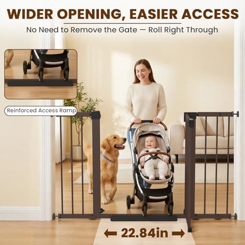 Mumeasy 29.7-48" Baby Gate for Stairs, Pressure Mounted Dog Gate for Doorways, Extra Wide Walk Thru Safety Pet Gate for Doors with Auto Close, Easy Install Child Gate for Hallway Indoor House, Brown - Image 3