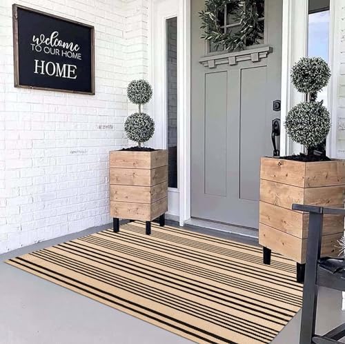 Fall Outdoor Rug 3'x5'Tan Striped Layering Rug Farmhouse Front Porch Rug - Image 5
