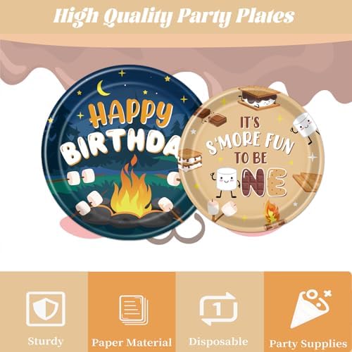 Gameza S'mores Camping Birthday Party Decorations, 96PCS Smore Fun to Be One Disposable Paper Plates and Napkin Tableware Bday Decorations, Camper Bonfire Theme 1st Decor Supplies Serves 24 - Image 4