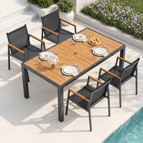 Outdoor Dining Set for 4, Aluminum Patio Table and Chairs Set, 5-Piece All Weather Patio Dining Furniture Set with Umbrella Hole for Backyard, Deck, Poolside (Gray-Teak) by Oasbira