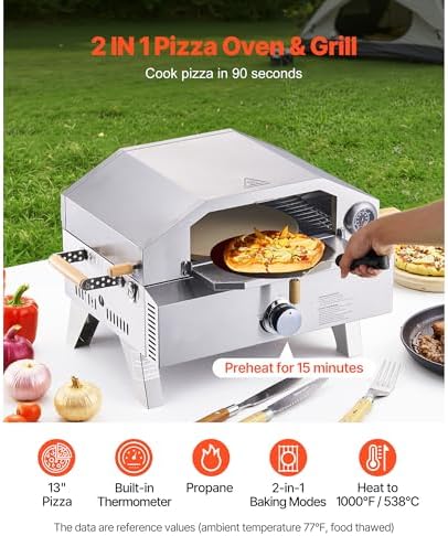 Outdoor Pizza Oven, 13 inch Gas Powered Pizza Maker with Thickened Cordierite Stone & Built-in Thermometer, 2-in-1 Portable Outside Gas Grill & Oven for Backyard & Camping, Stainless Steel - Image 7