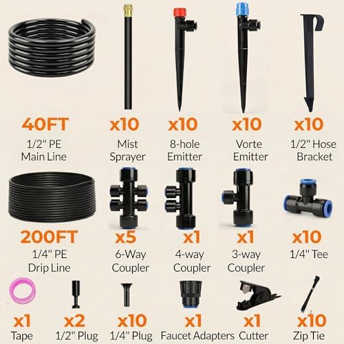 240FT Drip Irrigation System for Garden: 30 Nozzles 1/2" PE Tubing Automatic Watering Kit Adjustable Misting Sprinkler Mister 1/4" Hose for Water Plants Tape Raised Beds Lawn Outdoor Greenhouse - Image 6