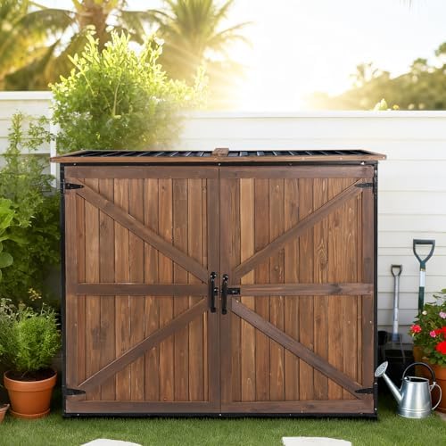 Gutinneen Outdoor Storage Shed Cabinet with Strong Iron Frame Large Wooden Garden Shed Tool House with Adjustable Shelfs,Medium - Image 6