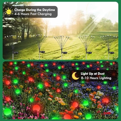 OZS 6Pack Total 48LED Solar Garden Lights Christmas Fairy Outdoor - Solar Firefly Lights Fairy Outdoor, Sway by Wind, Waterproof for Pathway Patio Yard Christmas Decorations(Red&Green) - Image 4