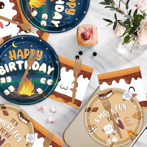Gameza S'mores Camping Birthday Party Decorations, 96PCS Smore Fun to Be One Disposable Paper Plates and Napkin Tableware Bday Decorations, Camper Bonfire Theme 1st Decor Supplies Serves 24 - Image 6