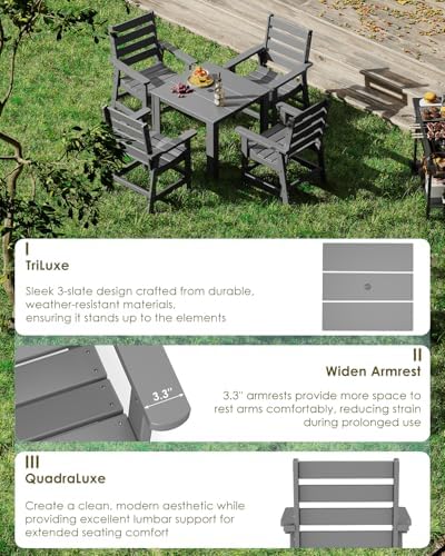 GREENVINES 5-piece Patio Dining Set, HDPE Square Table & 4 Chairs, Gray - Image 5