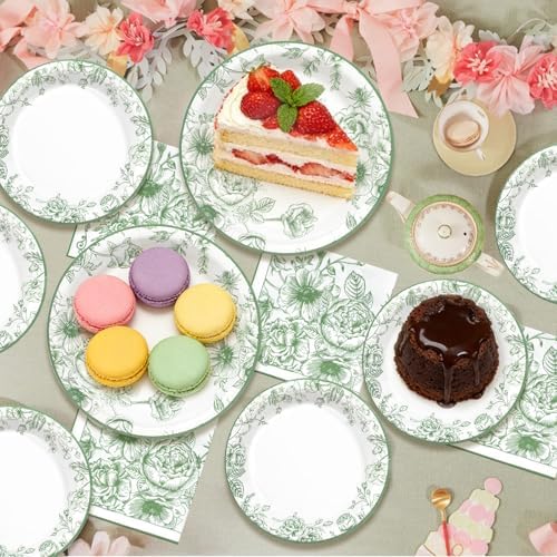 Sage Green Floral Plates and Napkins Party Supplies,Serve 60 Guests - Image 4