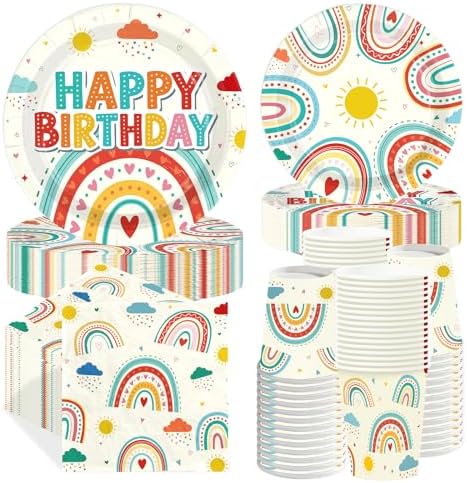 250 Pcs Retro Rainbow Birthday Party Decorations for Boys Girls Serves 50 by Greencian
