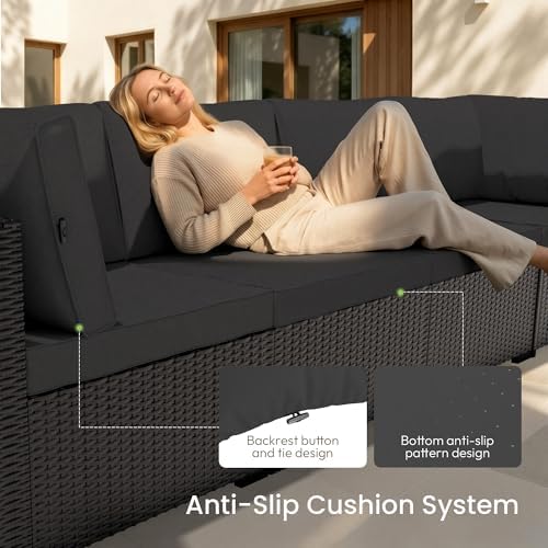 Patio Furniture Set - All-Weather - 7 Piece Patio Outdoor Conversation Set, Modular Wicker Rattan Sectional Sofa for Backyard, Garden, Poolside, Balcony, Porch, Patio,Black/Black - Image 2