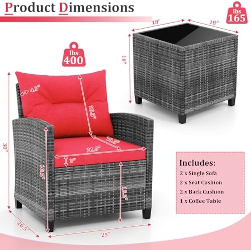 KOTEK 3 Piece Patio Furniture Set, Outdoor PE Rattan Conversation Set with Washable Cushions & Tempered Glass Tabletop, Wicker Chairs and Table Set for Porch, Garden, Balcony (Red) - Image 6