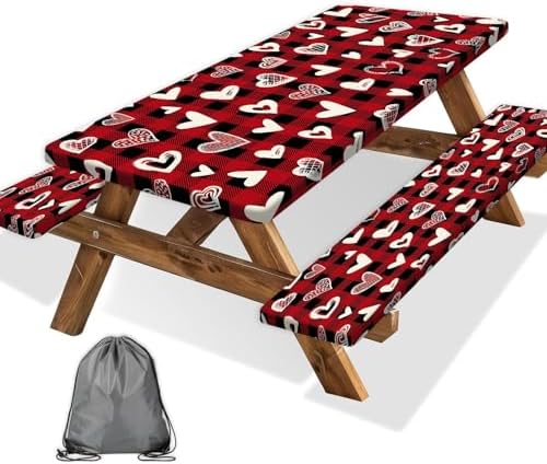 Valentines Day Picnic Table Cover with Bench Covers, Camping Essentials, Heart Buffalo Plaid Outdoor Table Covers, Waterproof Windproof, Fitted Tablecloth Cover with Elastic Edge, 3 PCS, 30x60 Inch by Xguatan