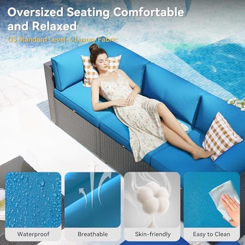 Aoxun Patio Furniture Set with Swivel Rocker Chairs, 10 Piece Outdoor Sectional Sofas, Wicker Rattan Outdoor Furniture with Thickened Cushion for Backyard, Garden Peacock Blue - Image 7