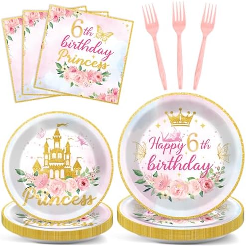 96PCS Princess 6th Birthday Party Plates and Napkins and Forks Set for Princess Party Pastel Castle Dessert Plates Disposable Decor Pink Gold Tableware Set for 6th Theme Party Favors Decorations by Oitnlaughter