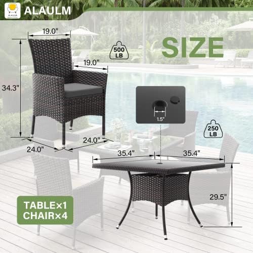 ALAULM 5 Piece Patio Dining Set All-Weather Wicker Outdoor Furniture Set w/Tempered Glass Tabletop, Removable Cushions and Umbrella Hole for Patio, Backyard, Garden, Poolside（Grey） - Image 2