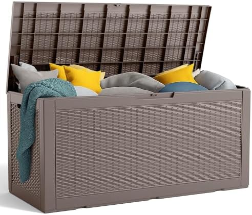 PatioZen 100 Gallon Outdoor Deck Box,Waterproof Resin Outdoor Storage Boxes, Outside Storage Lockable Container for Garden Tools,Indooor Cushions,Accessories (Grey) by OutdoorLivingPerfected