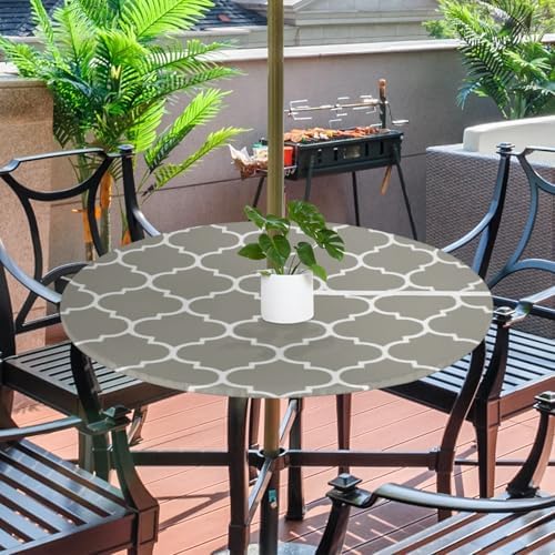 Fitted Round Tablecloth with Umbrella Hole and Zipper Grey Moroccan Outdoor Elastic Table Cloth 45"-56" Oil-Proof Waterproof Patio Table Cover for Dining Picnic Party - Image 2