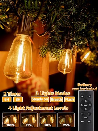 Outdoor String Lights Dimmable with Remote, 50 FT Outdoor Lights with 2 Timer and 3 Modes, Waterproof & Shatterproof Patio Lights, 2200K Energy Saving LED String Lights 2 Spare Bulbs for Patio Yard - Image 3