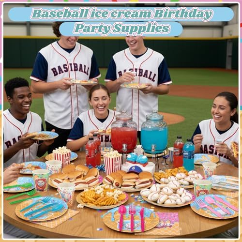 FoldTier 350 Pcs Baseball Ice Cream Dripping Birthday Party Decorations Set Ice Cream Paper Plates Napkins Fork Set Disposable Fairy Tableware Decorations Supplies for Baby Shower Dinner Serves 50 - Image 6