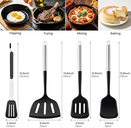 Silicone Spatula Set for Cooking BBQ with 12" Grill Tongs Large Turner-4Pcs - Image 5