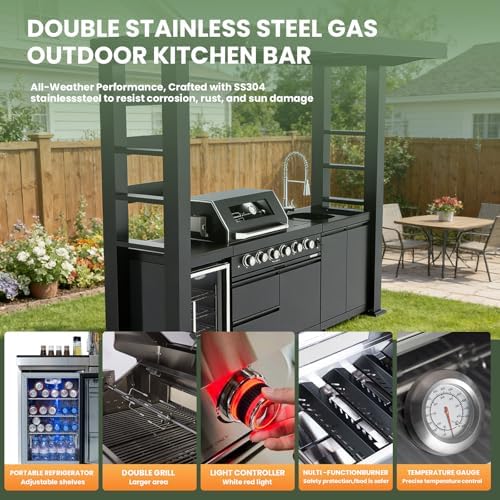 110" Outdoor Kitchen Island with 4-Burner 72000 BTU,Heavy-Duty Natural Gas Grill with Side Burner,Rotisserie Oven,Galvanized Steel Roof,Granite Countertops,Refrigerator,Storage,Sink.(Natural Gas) - Image 5