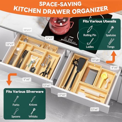 Lixple Bamboo Kitchen Drawer Organizer, 2 Pack, 10" x 6" x 2" - Image 3