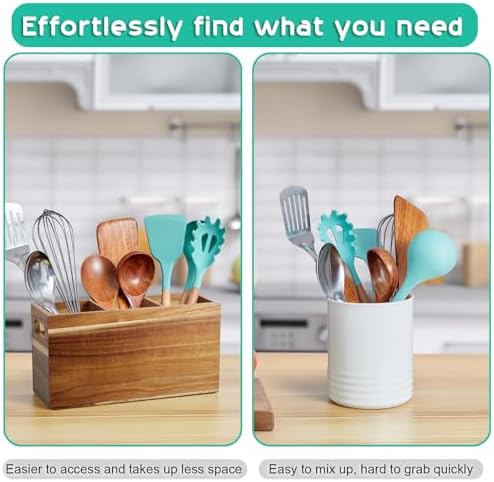 ALELION Acacia Wood Utensil Holder Organizer for Counter - Large Wooden Utensil Caddy for Countertop - 3 Compartment Cooking Tool Holder for Spatula - for Farmhouse Kitchen Decor and Accessories - Image 4