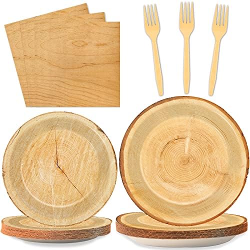 Wiooffen 96 PCS Brown Paper Tableware Set - Rustic Wood Tree Party Supplies for 24 Guests, Includes Plates, Forks, Napkins for Camping, Hunting Theme by Wiooffen
