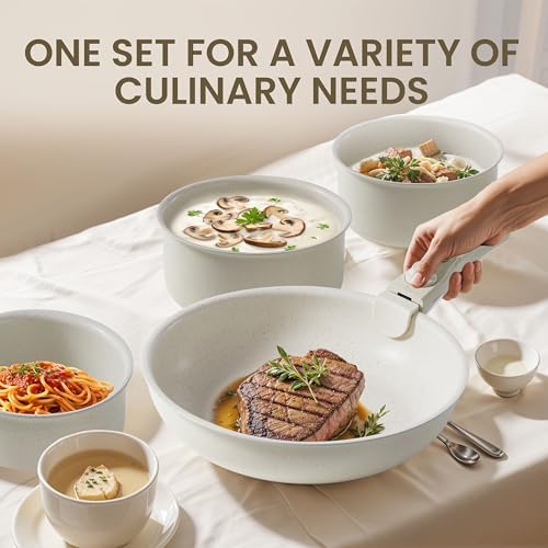 Simple Deluxe 12 Pcs Cookware Set, Non-Stick Pots and Pans Set, with Black Granite Texture and Detachable Handles, Resistant to High Temperatures, Oven Safe, PFAS and PFOA Free, Beige - Image 3