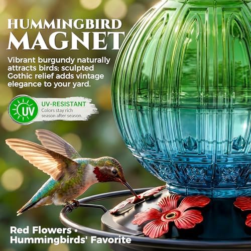 Glass Hummingbird Feeder for Outdoors Hanging, Bird Nectar Feeder with Perch & 5 Flower Feeding Ports, 26 Oz Leak Proof for Outside Garden Decor Backyard, Gifts for Women Mom, Green & Blue - Image 2