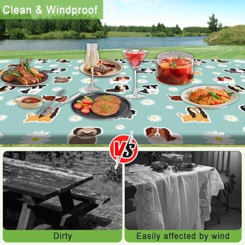 Cute Dog Picnic Table Cover with Bench Covers Camping Essentials Waterproof Windproof Funny Animal Daisy Flower Table Cover Fitted Tablecloth Cover with Elastic Edge for Outdoor 3 PCS 30x96 Inch - Image 4