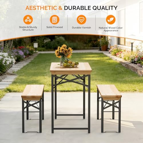 VINGLI 45 Inch Folding Picnic Tables with Benches Set, Weather-Resistant Wooden Beer Garden Table Bench, 3-Piece Portable Fold Up Camping BBQ Table,Natural Wood Color - Image 3