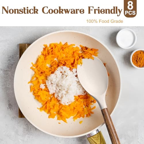 Silicone Cooking Utensil Set,Umite Chef 8-Piece Kitchen Utensils Set with Natural Acacia Wooden Handles, Silicone Kitchen Gadgets and Spatula Set for Nonstick Cookware - Khaki - Image 4