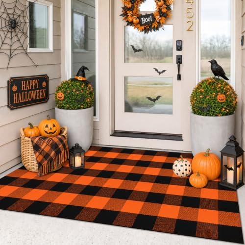IOHOUZE Fall Buffalo Plaid Outdoor Rug 3x5, Washable, Black Orange by iOhouze