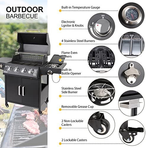 Propane Gas Grill 4 Burners with Side Burner Freestanding Grill Cart with Wheels for Outdoor Garden Cooking Barbecue Grill, Black - Image 6