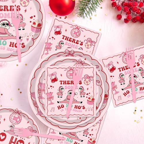Theres Some Ho Ho Hos in This House Decorations Tableware, 96PCS Pink Friendsmas Christmas Party Paper Plates Napkins Decoration, Funny Christmas Theme Birthday Forks Decor Serve 24 - Image 5