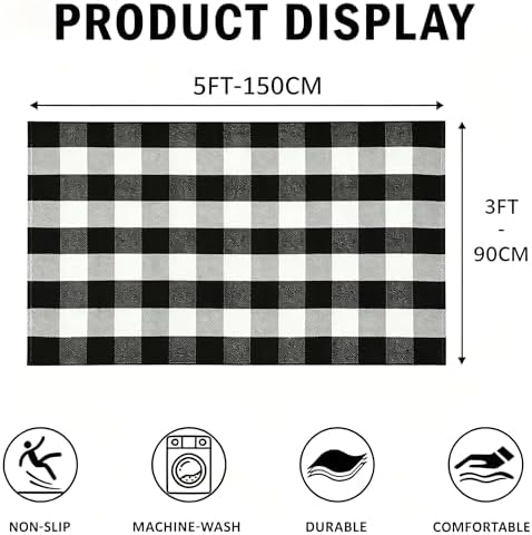 SEEKSEE Buffalo Plaid Outdoor Rug 3' x 5' Black and White Front Door Mat, Layering Rug for Porch, Washable Doormat, Cotton Area Rug for Outdoor Entrance Entryway Patio Porch Decor - Image 2