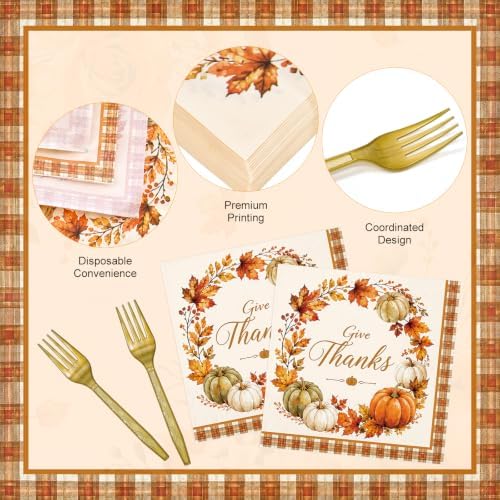 96 Pieces Thanksgiving Tableware Set – Fall Pumpkin Disposable Plates, Napkins, and Gold Forks for Thanksgiving Dinner, Friendsgiving, Harvest Party and Autumn Celebrations – Serves 24 Guests - Image 3