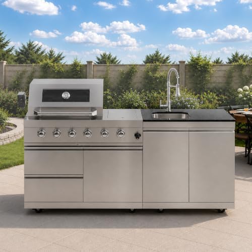 79" Modular Outdoor Kitchen with 4 Burners 72,000 BTU Propane Grill,Rotisserie Oven,Side Burner,Sink & Marble Countertop.Gas Grill for Backyard and Patio.(Propane) by INOTEVERITORY