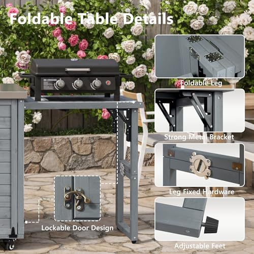 Merax 78.3" Outdoor Kitchen Island with Foldable Grill Table, Wooden Outdoor Grill Cart with Trash Can Storage & Stainless Steel Top, Outdoor Bar Cart, Pizza Oven Table for Lawn & Garden, Dark Brown - Image 4