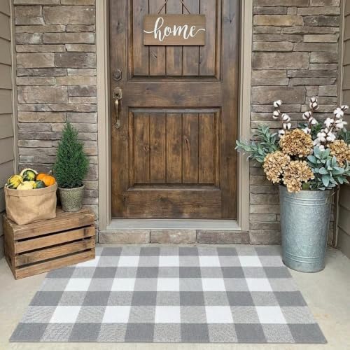 SEEKSEE Buffalo Plaid Outdoor Rug 27.5x43 Gray and White Front Door Mat, Layering Rug for Porch, Washable Doormat, Front Porch Rug for Outdoor Entrance Entryway Patio Porch Decor - Image 4