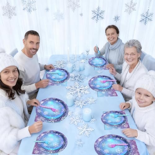 96 Pcs Winter Snowflake Paper Plates and Napkins Blue Purple Snowflake Disposable Tableware Winter Wonderland Dinnerware for Christmas New Year Birthday Party Decor Supplies - Image 5