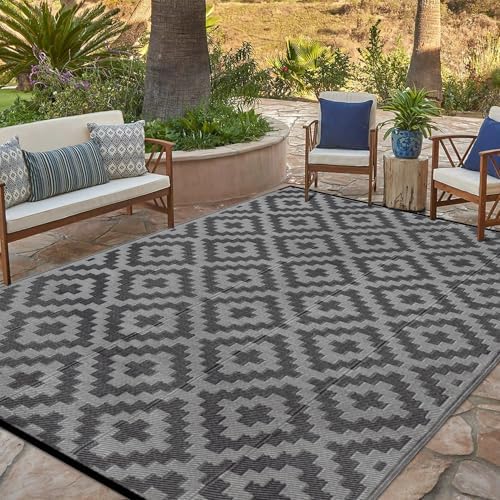SAND MINE Waterproof Outdoor Rug 6x9 ft, Plastic Reversible Rug, Modern Area Rug, Large Floor Mat for Outdoors, RV, Patio, Backyard, Deck, Picnic, Beach, Camping, Black Grey Lattice by SANDMIND