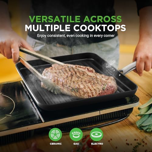 NutriChef 11" Non-Stick Grill Pan for Indoor Cooking - Hard Anodized Grill Pan for Stove Tops with High Ridges, Strong Handles, Dishwasher Safe - Image 5