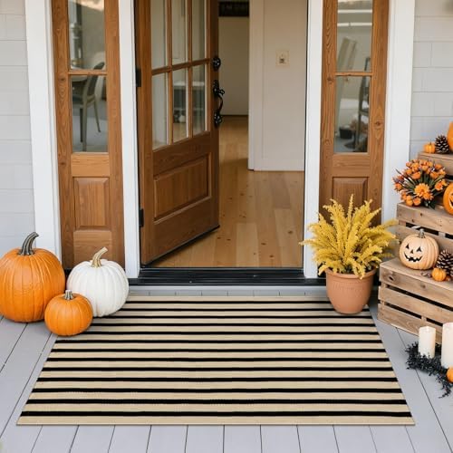 Fall Front Door Mat 2'x4.3', Cotton Washable Striped Outdoor Rug by Sungea